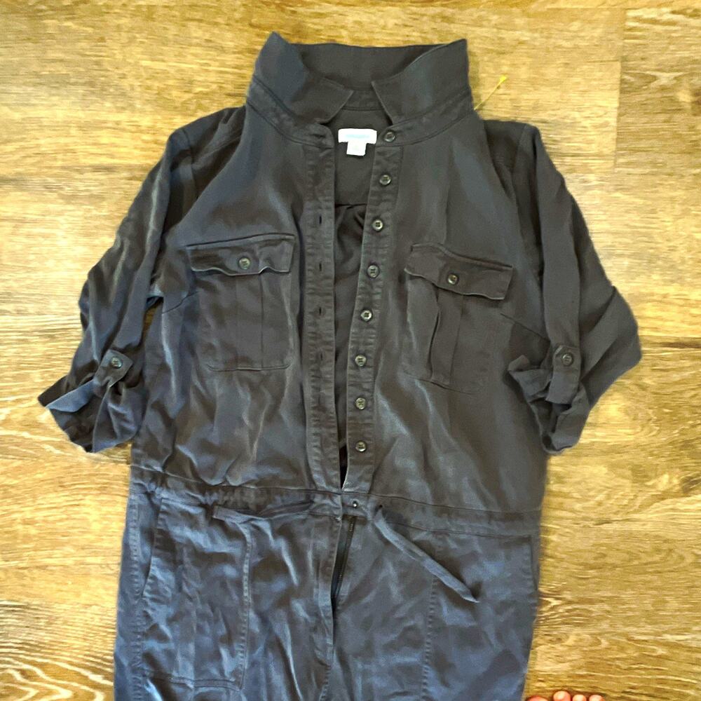 Sundance Women's Gray Solid Jumpsuit Size L 3/4 Sleeve Collared Button Pockets